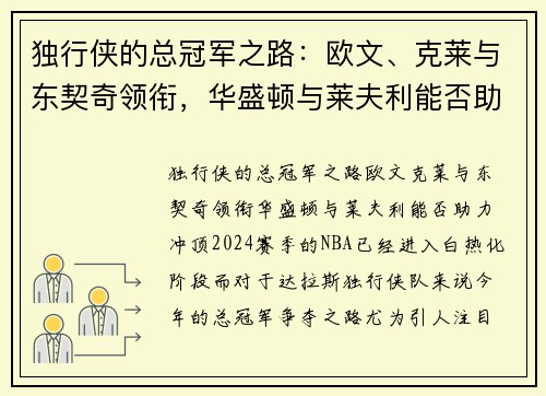 独行侠的总冠军之路：欧文、克莱与东契奇领衔，华盛顿与莱夫利能否助力冲顶