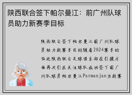 陕西联合签下帕尔曼江：前广州队球员助力新赛季目标