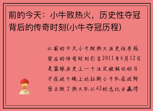 前的今天：小牛败热火，历史性夺冠背后的传奇时刻(小牛夺冠历程)