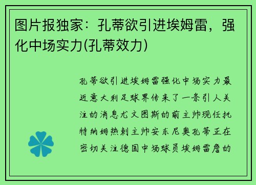 图片报独家：孔蒂欲引进埃姆雷，强化中场实力(孔蒂效力)