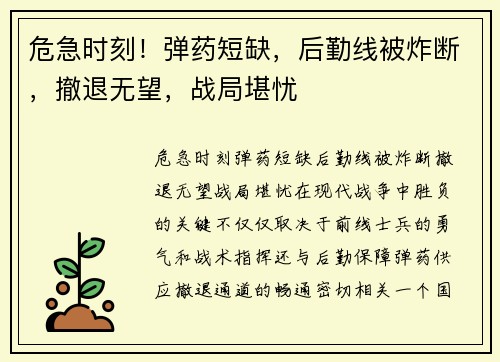 危急时刻！弹药短缺，后勤线被炸断，撤退无望，战局堪忧