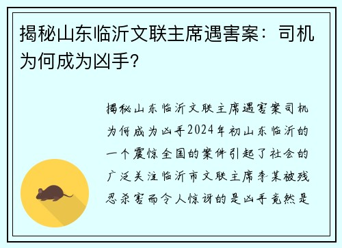 揭秘山东临沂文联主席遇害案：司机为何成为凶手？