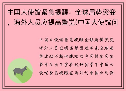 中国大使馆紧急提醒：全球局势突变，海外人员应提高警觉(中国大使馆何时恢复)